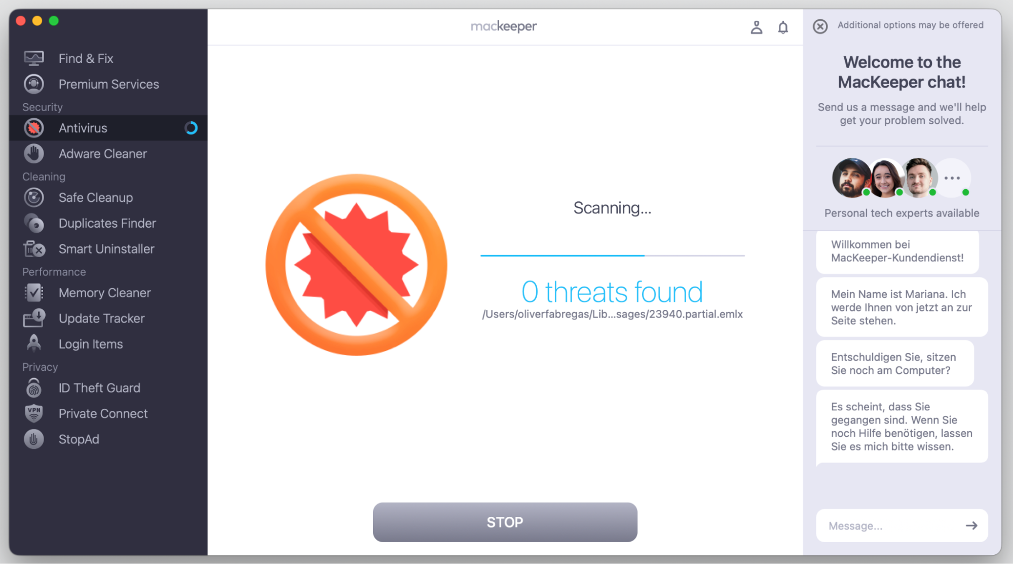 MacKeeper's Antivirus scanning on a MacBook, showing live progress and 0 threats found as it checks every corner of your Apple laptop.