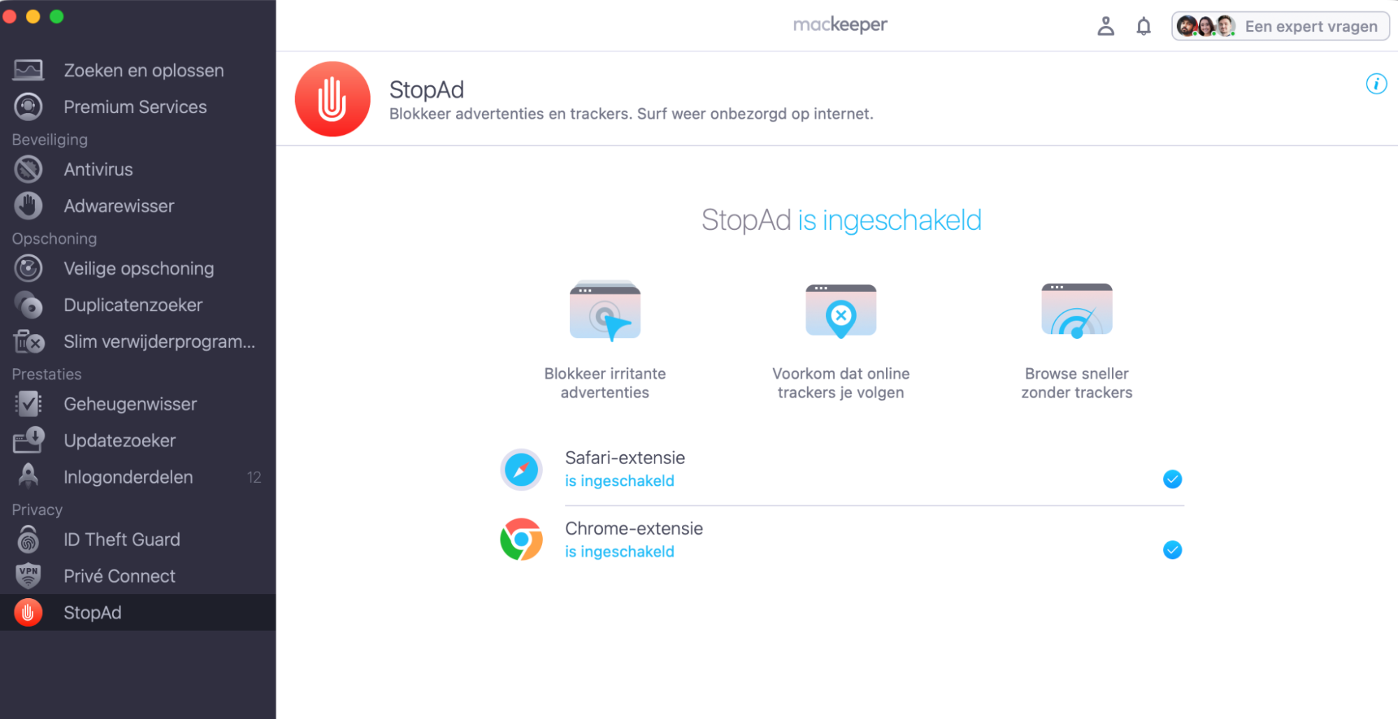 Het installeren van een contentblocker of adblocker, zoals ‘StopAd’ van MacKeeper, kan ook helpen om je Mac te beschermen tegen keylogger-software. Open hiervoor de MacKeeper-app en klik op de functie ‘StopAd’.
