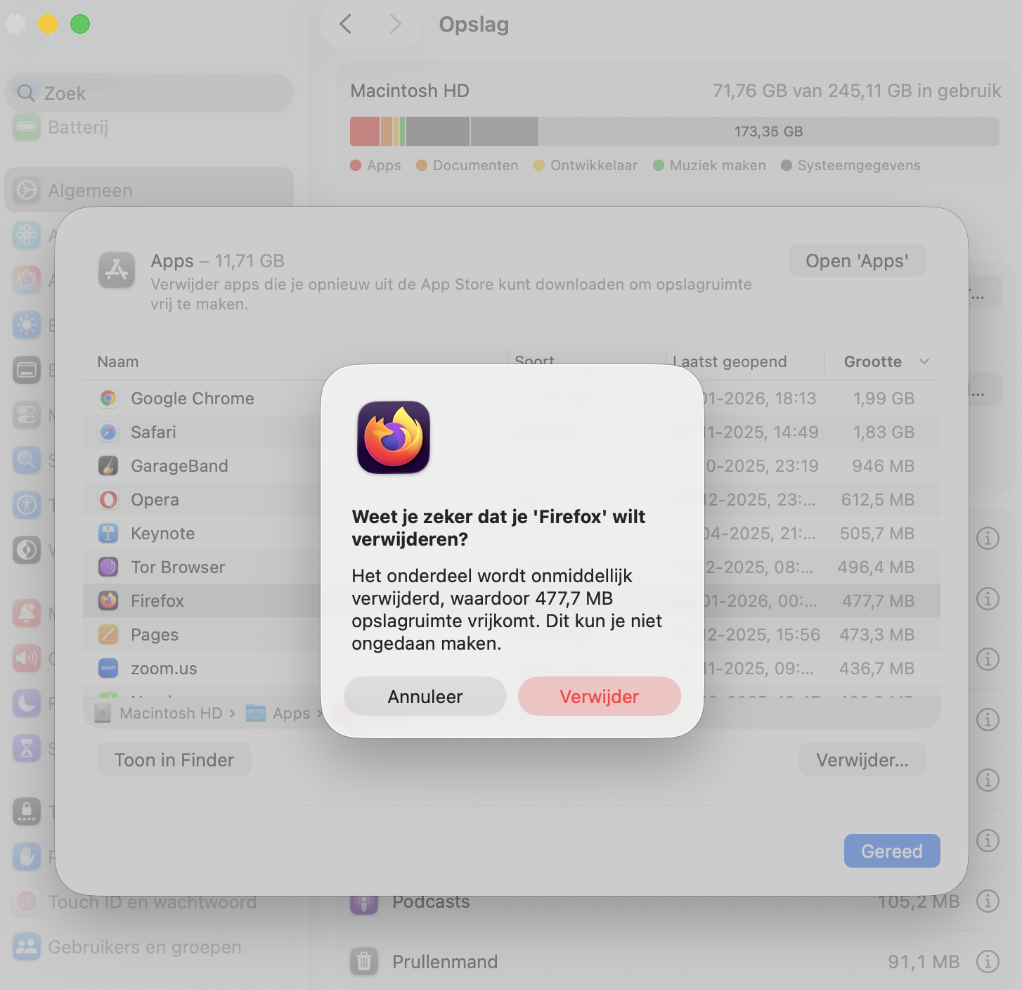 Systeeminstellingen op de Mac toont een app die wordt verwijderd. Klik op Verwijder om te bevestigen dat je de app wilt verwijderen.