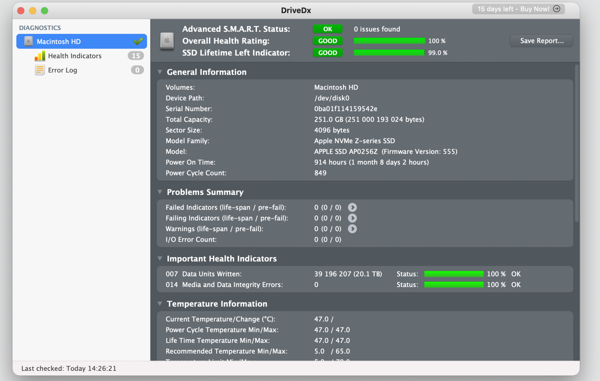 DriveDx window on a Mac showing SSD health, S.M.A.R.T. status OK and 99% lifetime left, warning you of drive trouble before you lose files.