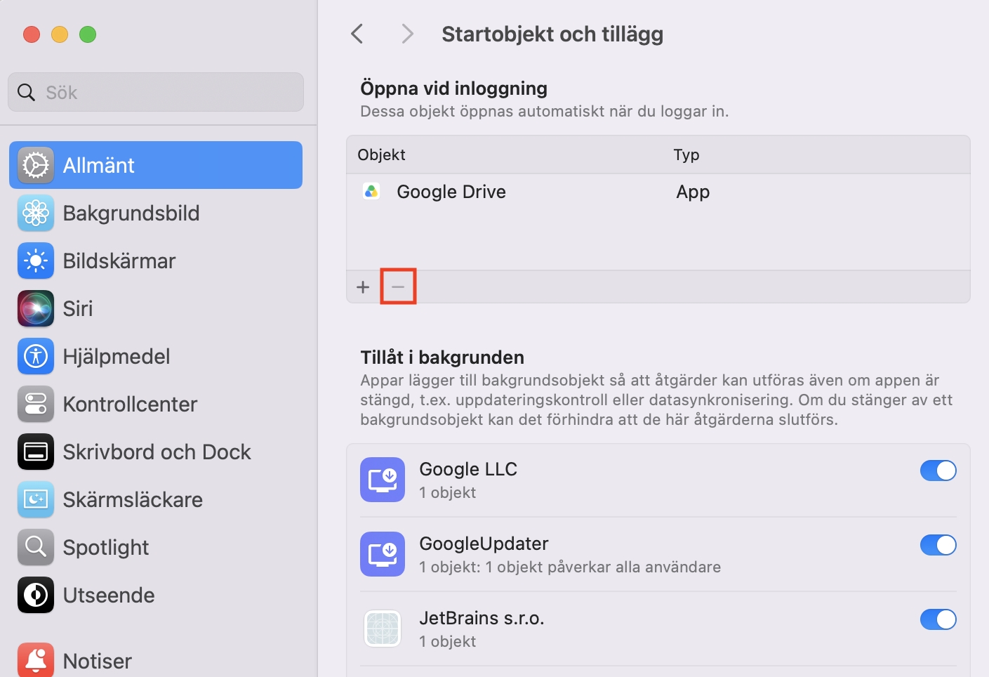 För att ta bort ett startobjekt väljer du det bara i listan och klickar sedan på minusknappen. Den processen kommer inte längre att laddas vid uppstart.