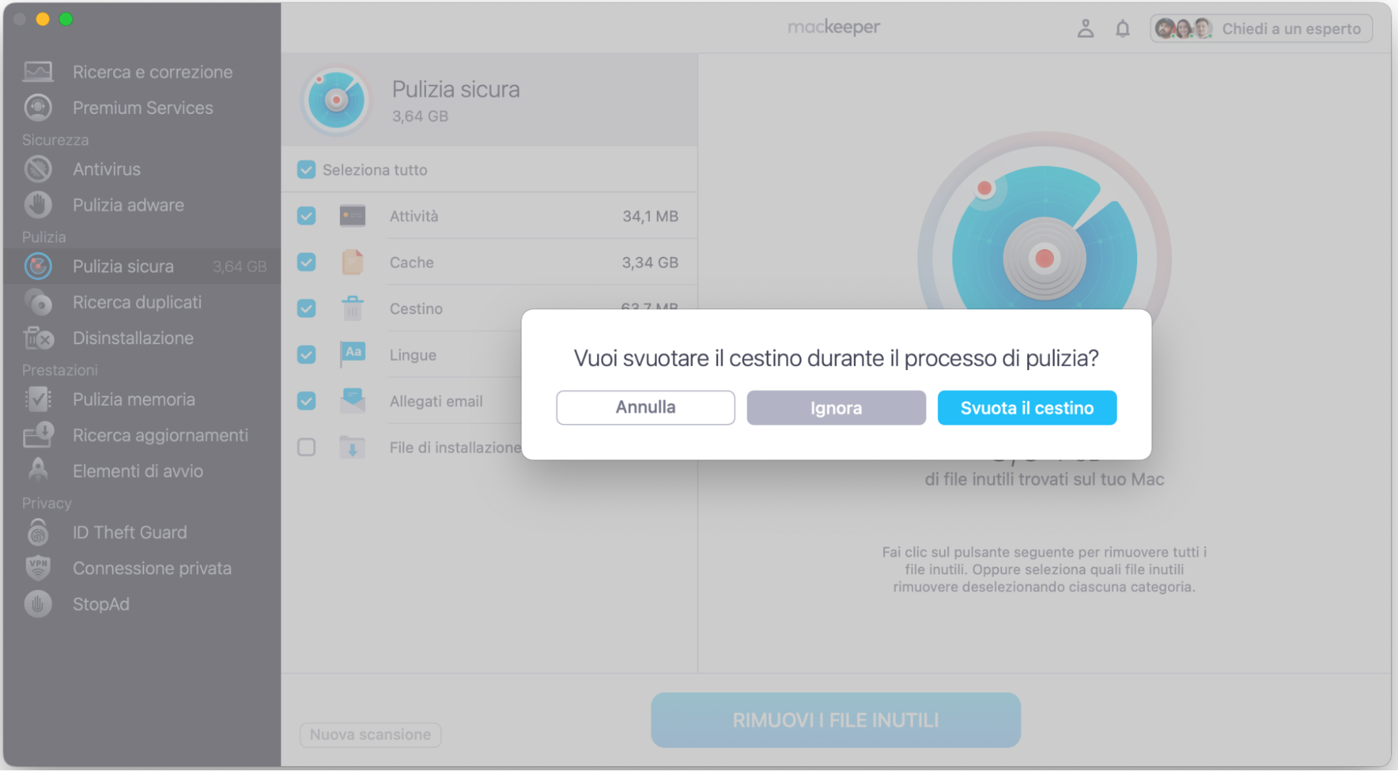 Dopo aver selezionato gli elementi che vuoi eliminare, scegli Rimuovi i file inutili. Poi tocca Svuota il Cestino nella finestra pop-up