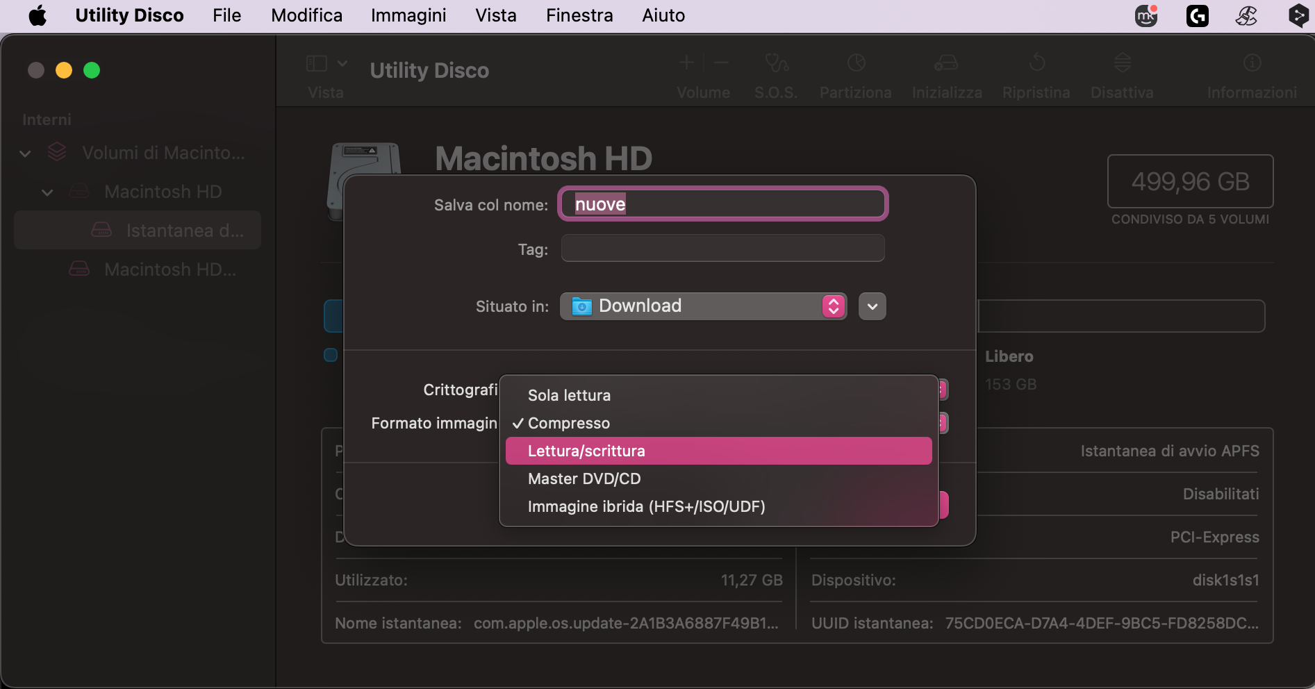 Ora, in Utility Disco, scegli lettura/scrittura come formato immagine per proteggere con password i contenuti selezionati su Mac. 