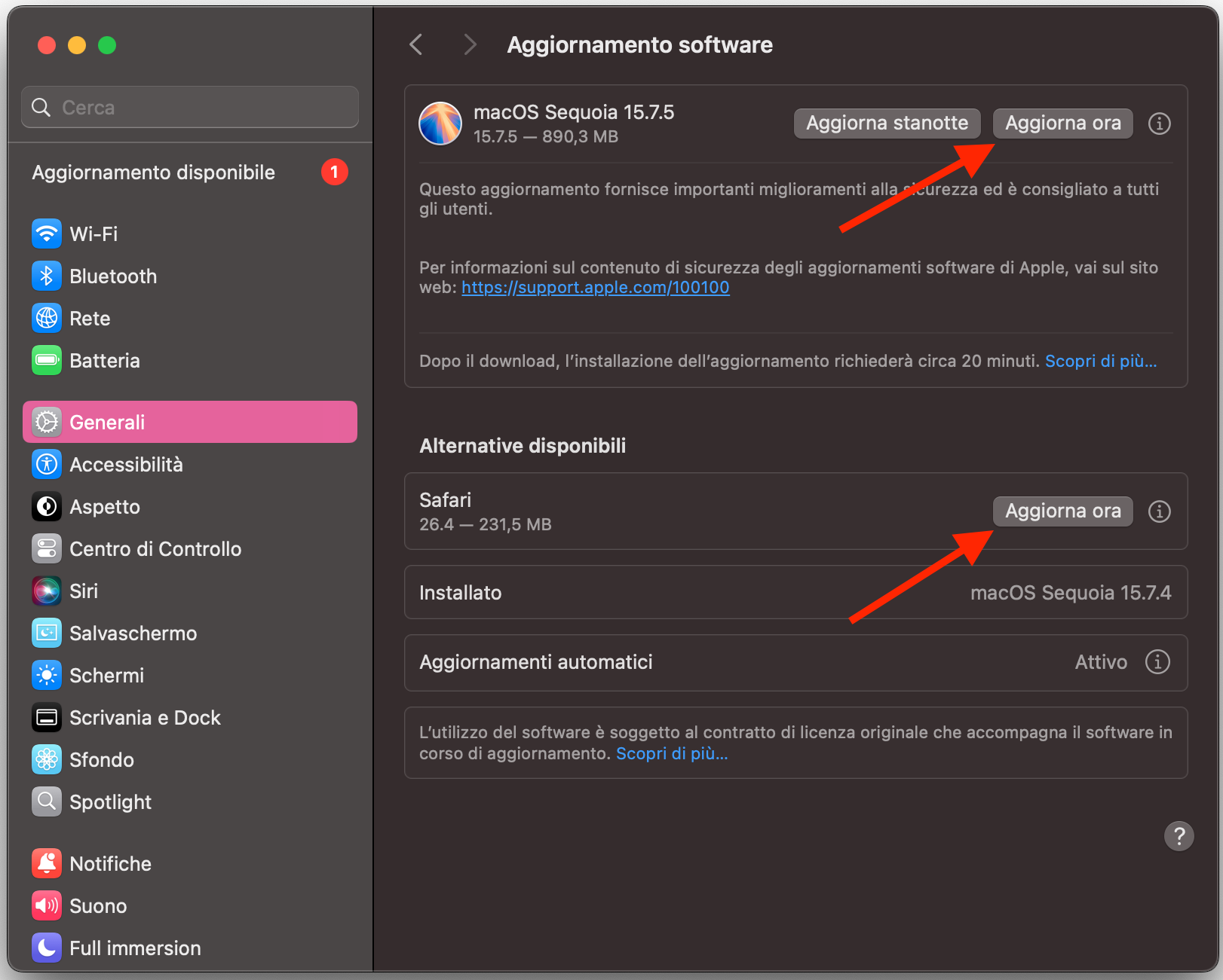 Il menu Aggiornamento Software di macOS mostra tutti gli aggiornamenti disponibili. Fai clic su Aggiorna ora oppure su Riavvia ora per aggiornare il Mac.