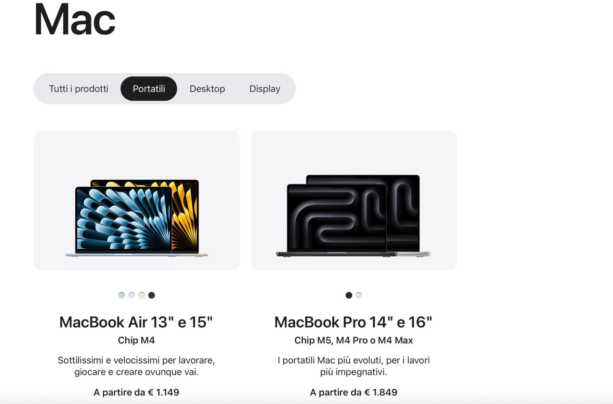 Opzioni Mac di base mostrate nella categoria Notebook, con un rapido confronto visivo delle caratteristiche principali e della fascia di prezzo.