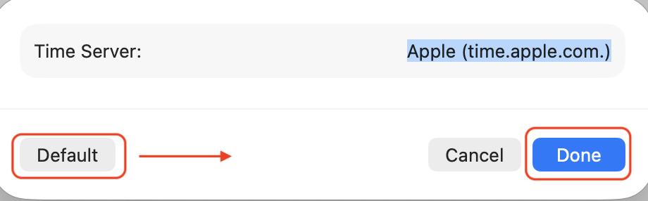 Time Server dialog on a MacBook, selecting Default, then clicking Done to reset the time.apple.com source in macOS Tahoe.
