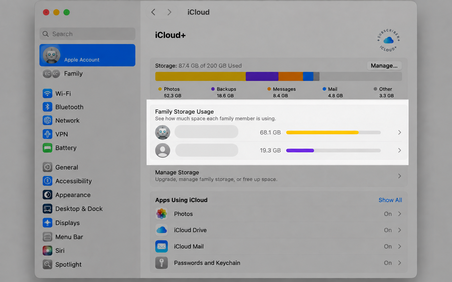 The iCloud+ pane in Mac System Settings showing the Family Storage Usage bar with each member's share of the shared iCloud storage plan.