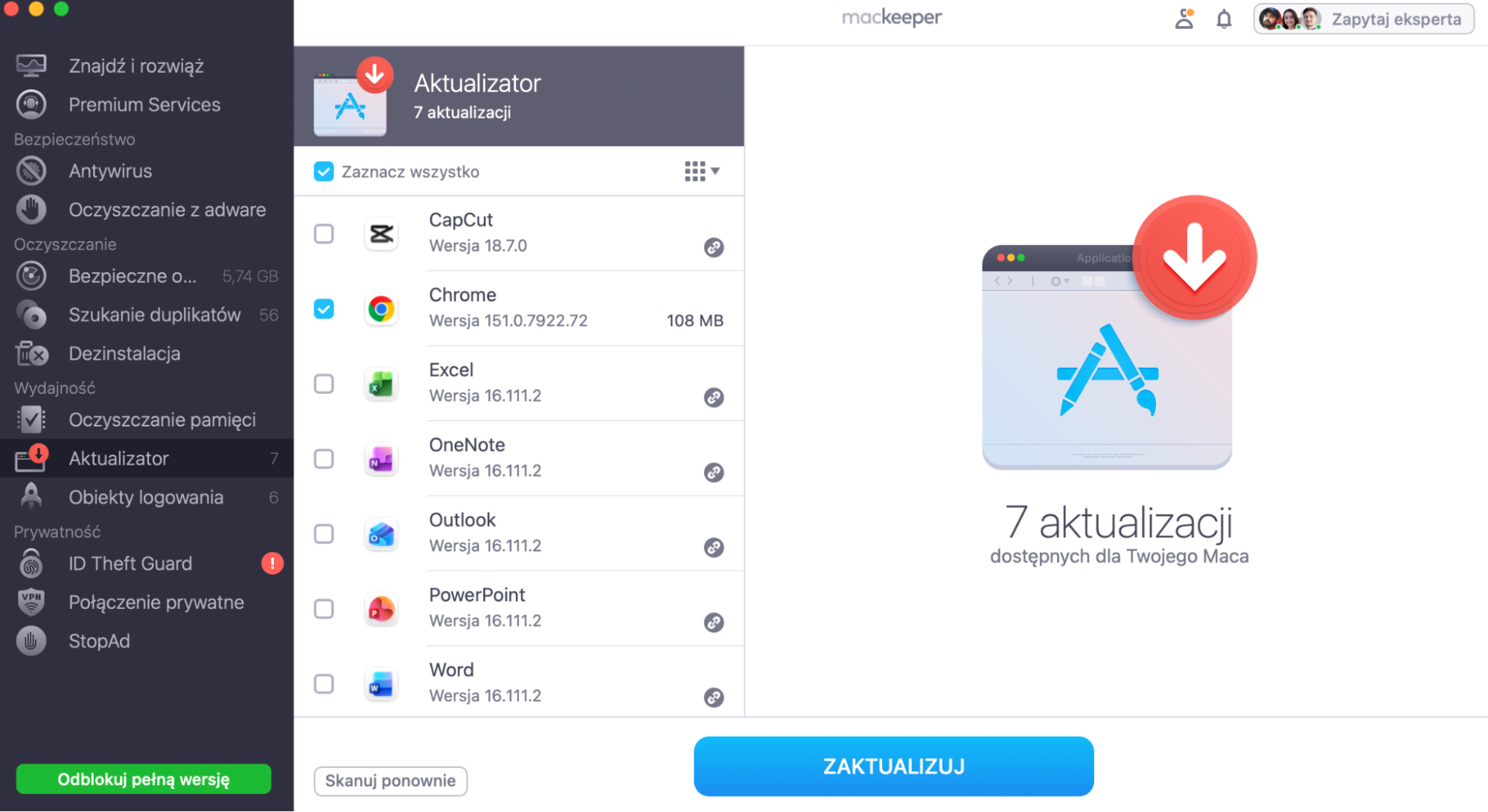 Wybierz aplikacje, które chcesz zaktualizować z listy, i kliknij przycisk aktualizacji.