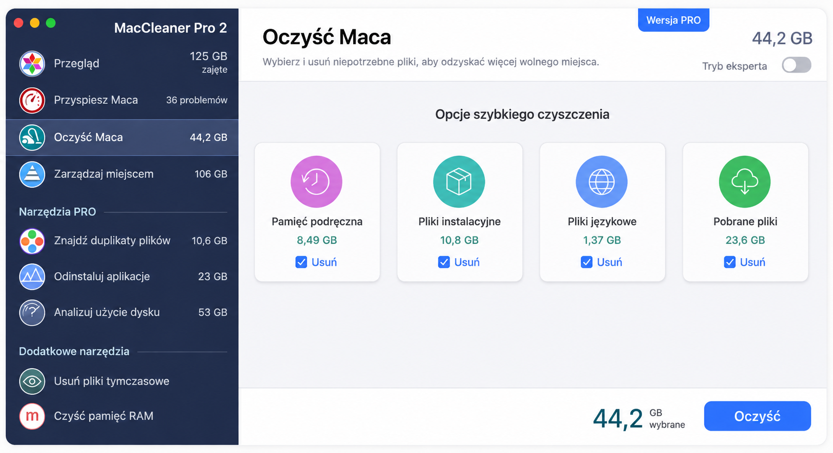 Wyniki czyszczenia wygenerowane przez MacCleaner Pro po zakończeniu skanowania, wraz z kluczowymi sugestiami dotyczącymi usunięcia danych dla użytkownika.