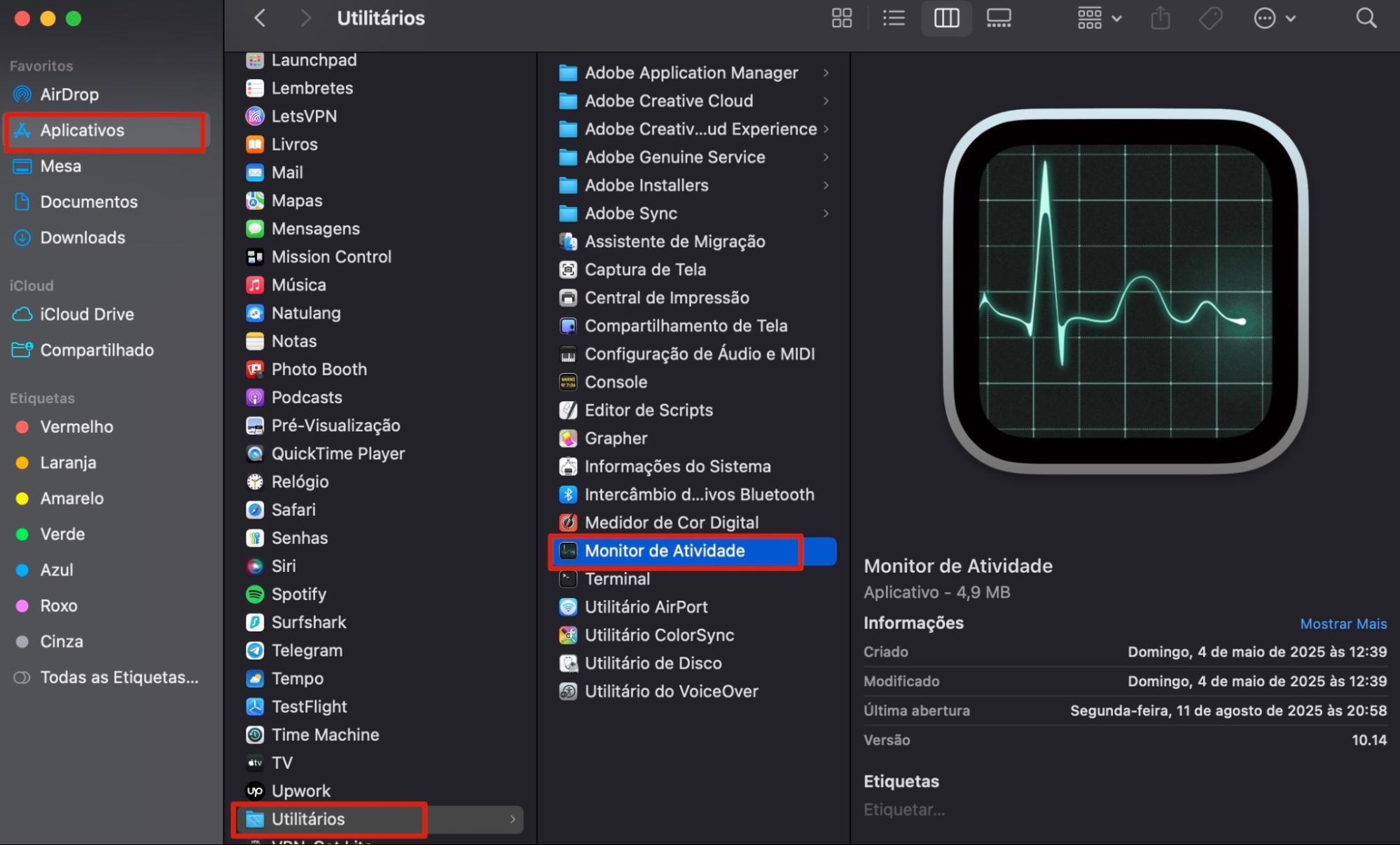 O Finder no Mac mostra a pasta Utilitários dentro da pasta Aplicativos. Dê um duplo clique em Monitor de Atividade para abri-lo
