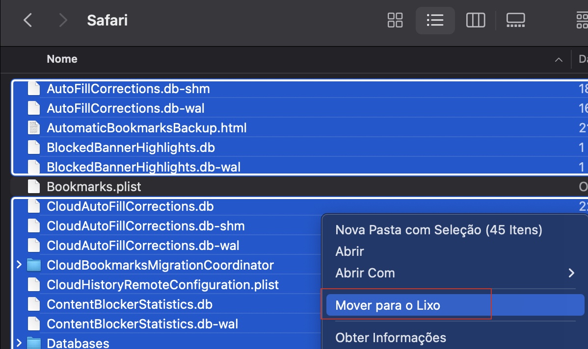 Use ‘Ir para Pasta’ para acessar a pasta ‘~/Library/Safari/’. Exclua tudo que estiver lá, exceto seus favoritos. Não se esqueça de esvaziar o Lixo depois.