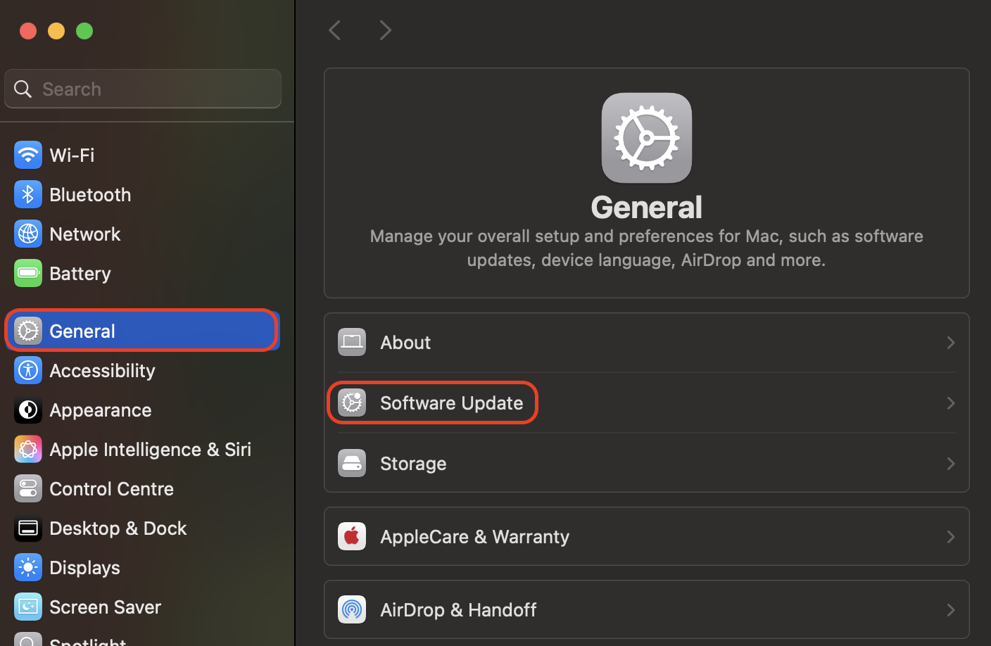 Navigate to System Settings on your Mac, select the General tab, and click Software Update to check for the latest macOS installation.