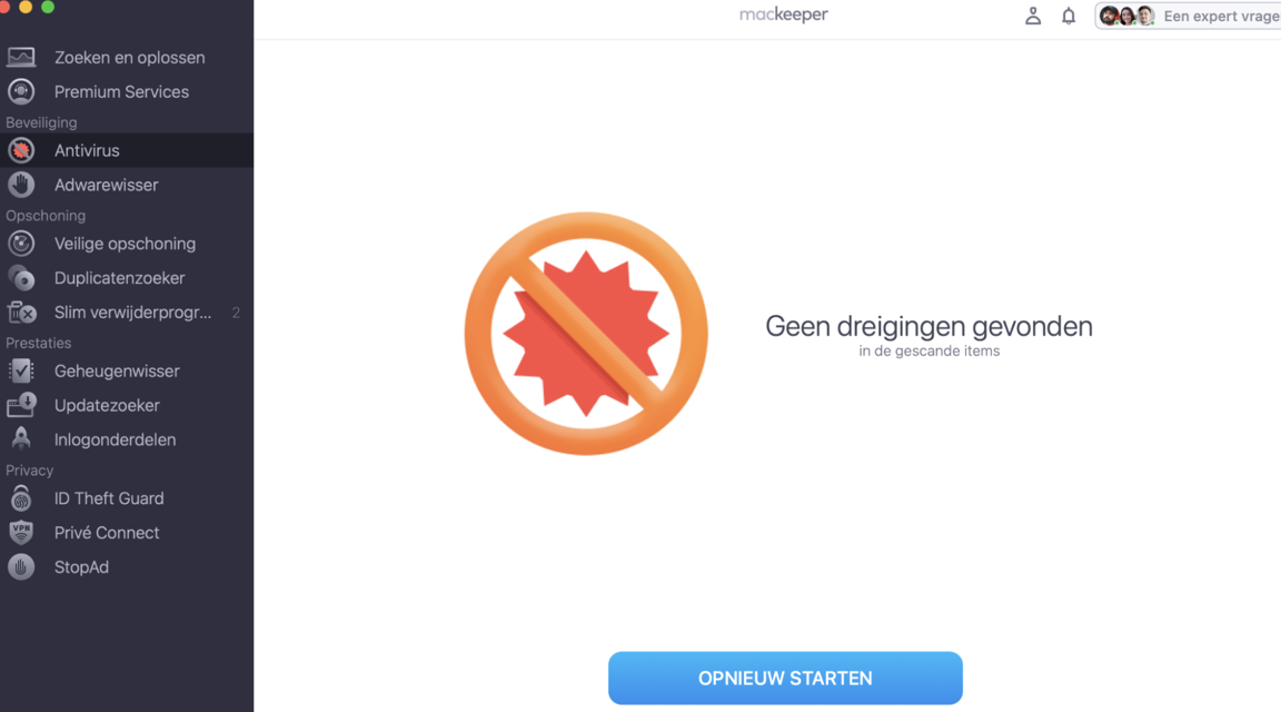 Als MacKeeper malware vindt, selecteer je deze en klik je op de knop ‘Verwijder’ om het verwijderproces te starten. Vind je geen dreiging, dan is dat goed en kan je later indien nodig een nieuw scan starten.