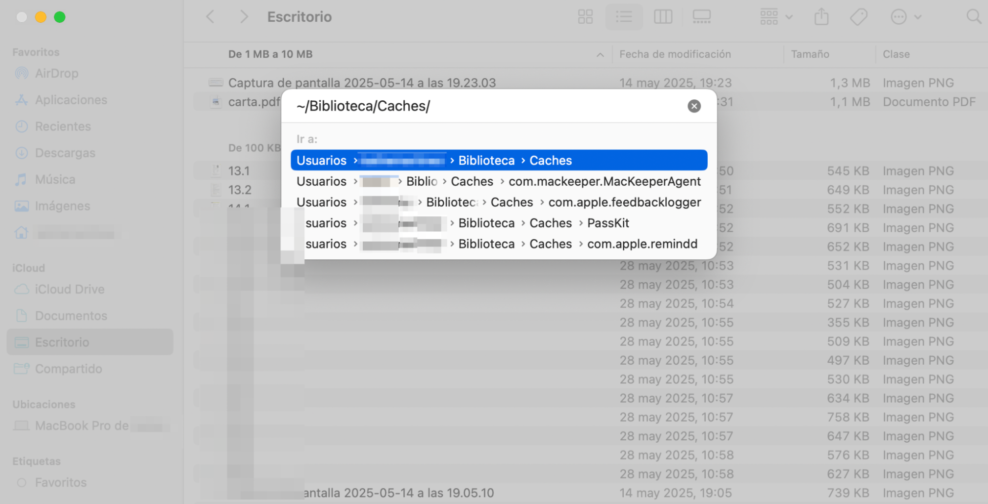 En el segundo paso de este proceso, comienza por introducir ~/Biblioteca/Caches/ en la barra de búsqueda Ir a carpeta y selecciona Ir a vaciar caché Safari en Mac.