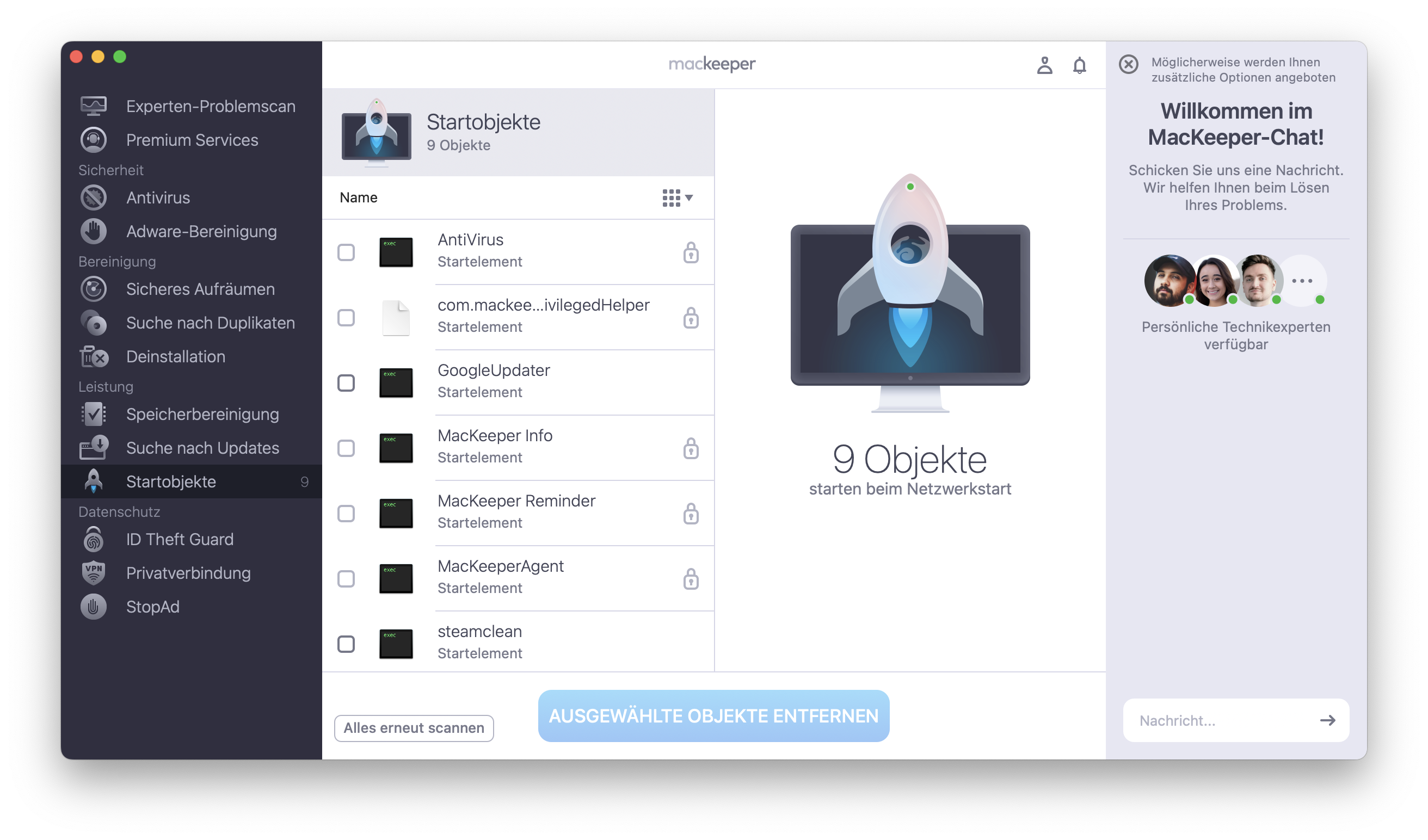 Die Funktion Startobjekte in MacKeeper auf dem Mac. Dieses Serviceprogramm findet nicht nur alle Autostart-Apps auf dem Mac, sondern ermöglicht es Ihnen auch, nicht benötigte Startobjekte zu entfernen.