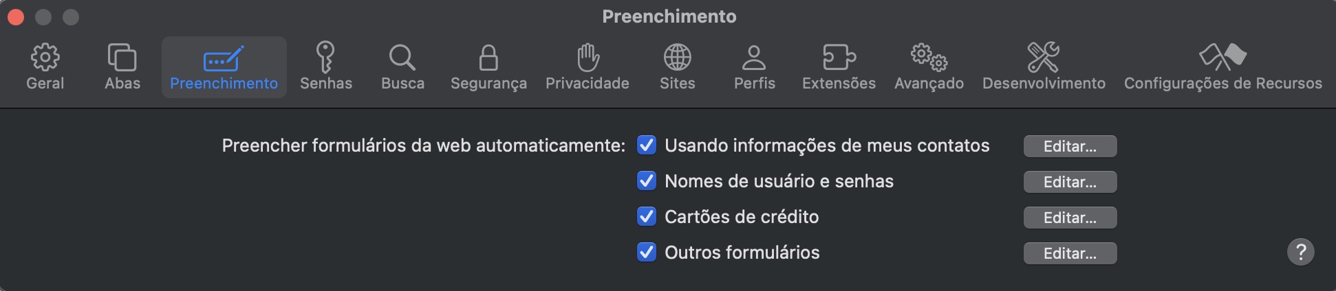 Nos Ajustes do Safari, vá para a seção ‘Preenchimento’ e confira a lista de tipos de dados preenchidos automaticamente. Desmarque-os para desativá-los. Caso contrário, clique em ‘Editar’.