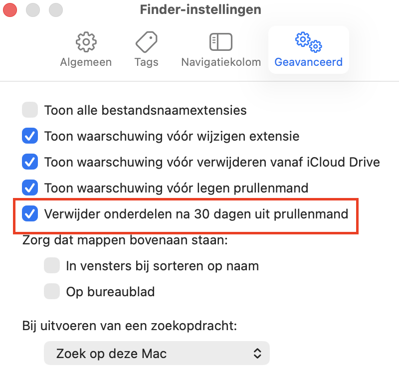 Functie voor automatisch legen van de Prullenmand, met de gemarkeerde optie ‘Verwijder onderdelen uit de Prullenmand na 30 dagen’.