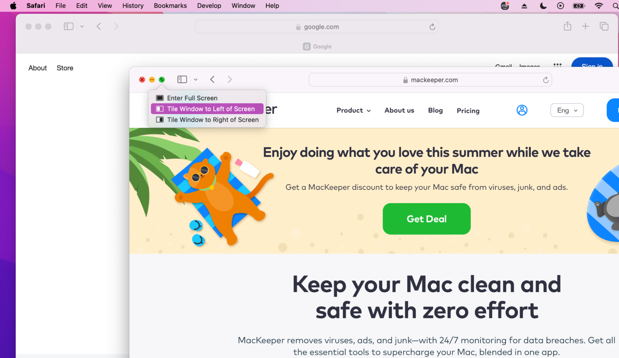 The easiest way to enable split screen view on Mac is to have your two tabs open in separate windows in Safari. Then click on the green button and select your preferred view for each tab to get both in one screen view.