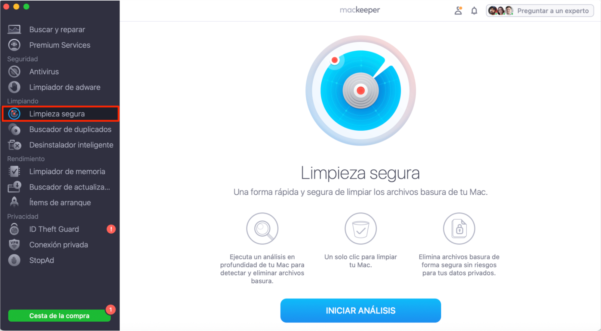 Para liberar espacio en tu Mac, usa Limpieza Segura de MacKeeper. Esto puede ayudar con el problema de que iCloud Drive ocupa espacio en tu Mac.
