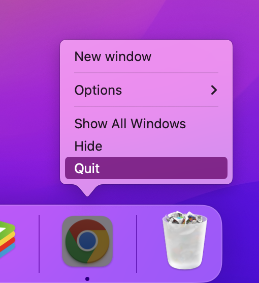 Quitting an app from your Dock is a quick way to stop all application background processes to avoid this item can't be moved to trash because it's open. You just need to right-click the app in your Dock and choose the Quit option.