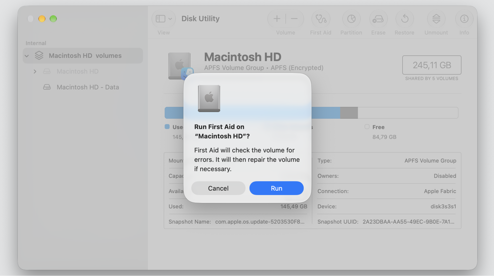 The First Aid dialog in Disk Utility on a MacBook where you review the details and click Run to repair startup disk errors.