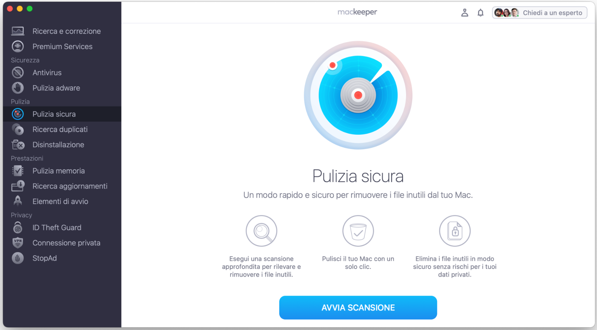 Avvia MacKeeper, seleziona Pulizia Sicura dalla barra laterale e fai clic su Avvia scansione per iniziare a rilevare i file inutili.