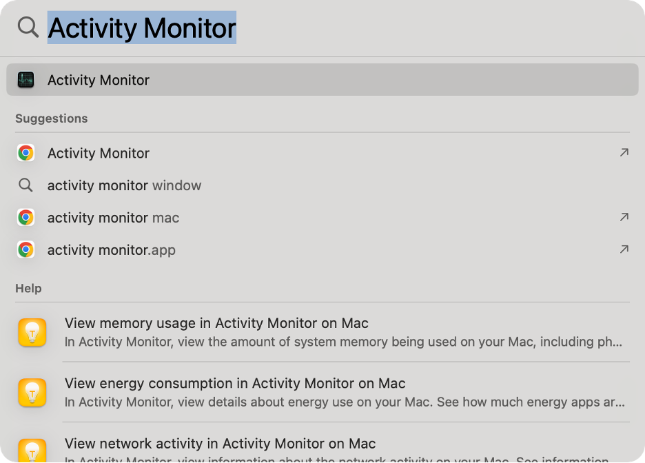 To close Finder when it’s experimenting performance issues on your Mac, search for Activity Monitor on Spotlight and press Enter.