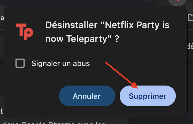 Google Chrome sur macOS Monterey affiche une extension sur le point d'être supprimée. Cliquez sur Supprimer pour confirmer l'action.