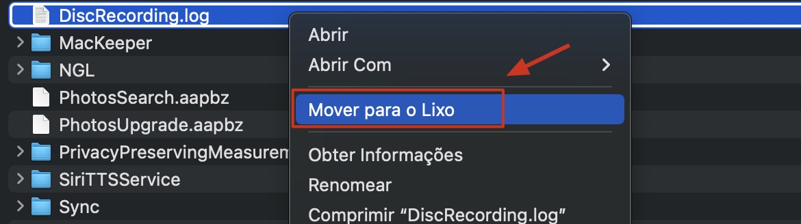 Procure em todas as pastas e arquivos que terminam com .log. Depois de encontrar os que deseja excluir, clique com o botão direito e selecione Mover para o Lixo. Em seguida, vá até o Lixo no Dock, clique com o botão direito e escolha Esvaziar Lixo.
