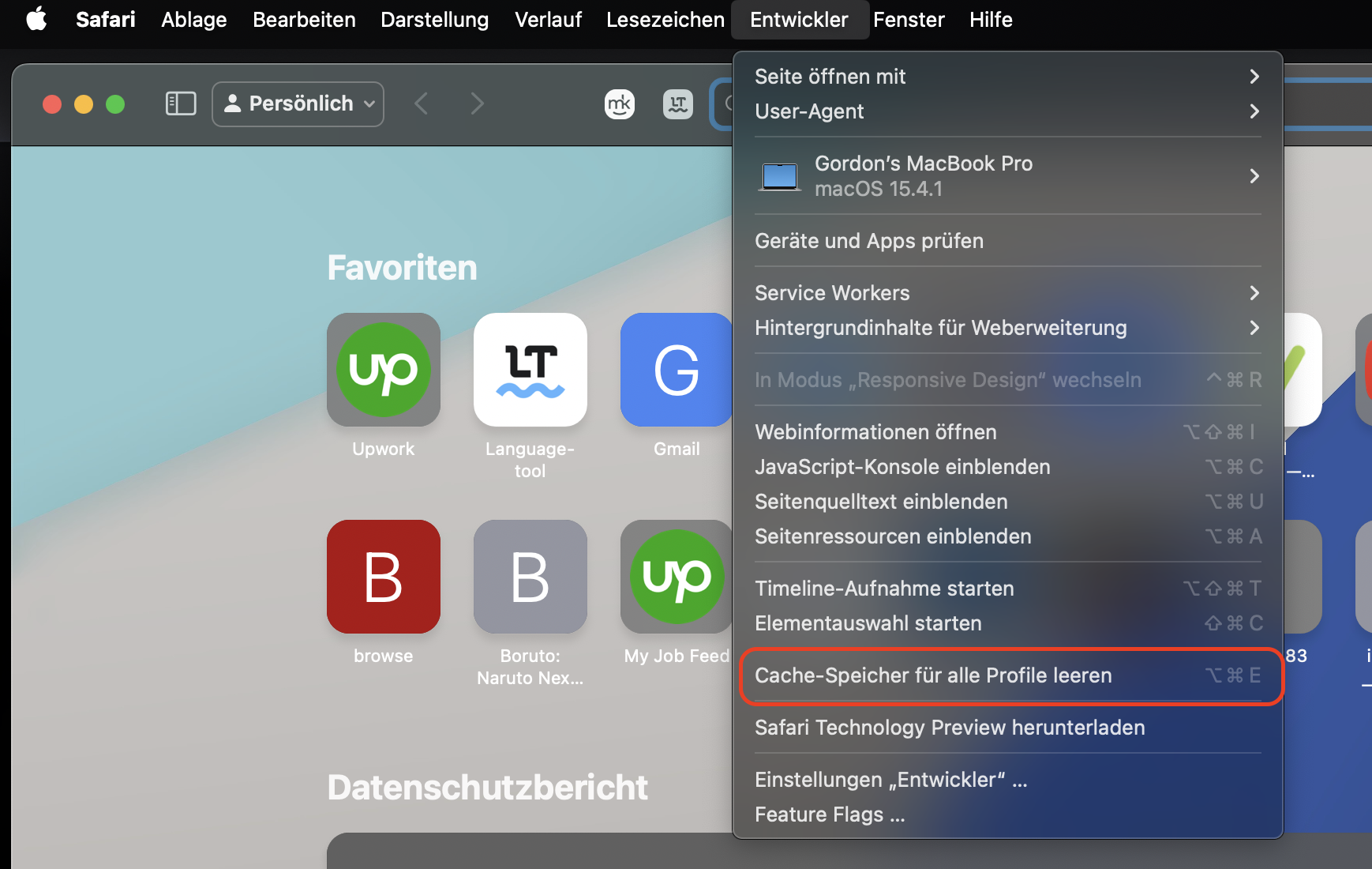 Wählen Sie im letzten Schritt dieses dreistufigen Vorgangs auf der Registerkarte Entwickler die Option Caches leeren, um gespeicherte Webseitendaten zu löschen und den Cache von Safari auf dem Mac zu löschen.