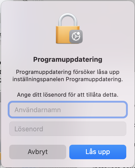 Om din Mac har hittat väntande uppdateringar kan du, efter att ha säkerhetskopierat dina viktiga filer och avslutat alla onödiga appar, starta uppdateringen genom att ange ditt administratörsnamn och lösenord. Därefter startar uppdateringen direkt.