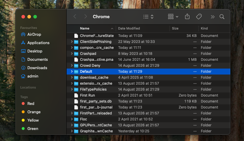 Finder on an Apple laptop showing the Default Chrome folder moved to the Desktop so Chrome rebuilds a fresh, crash-free profile.