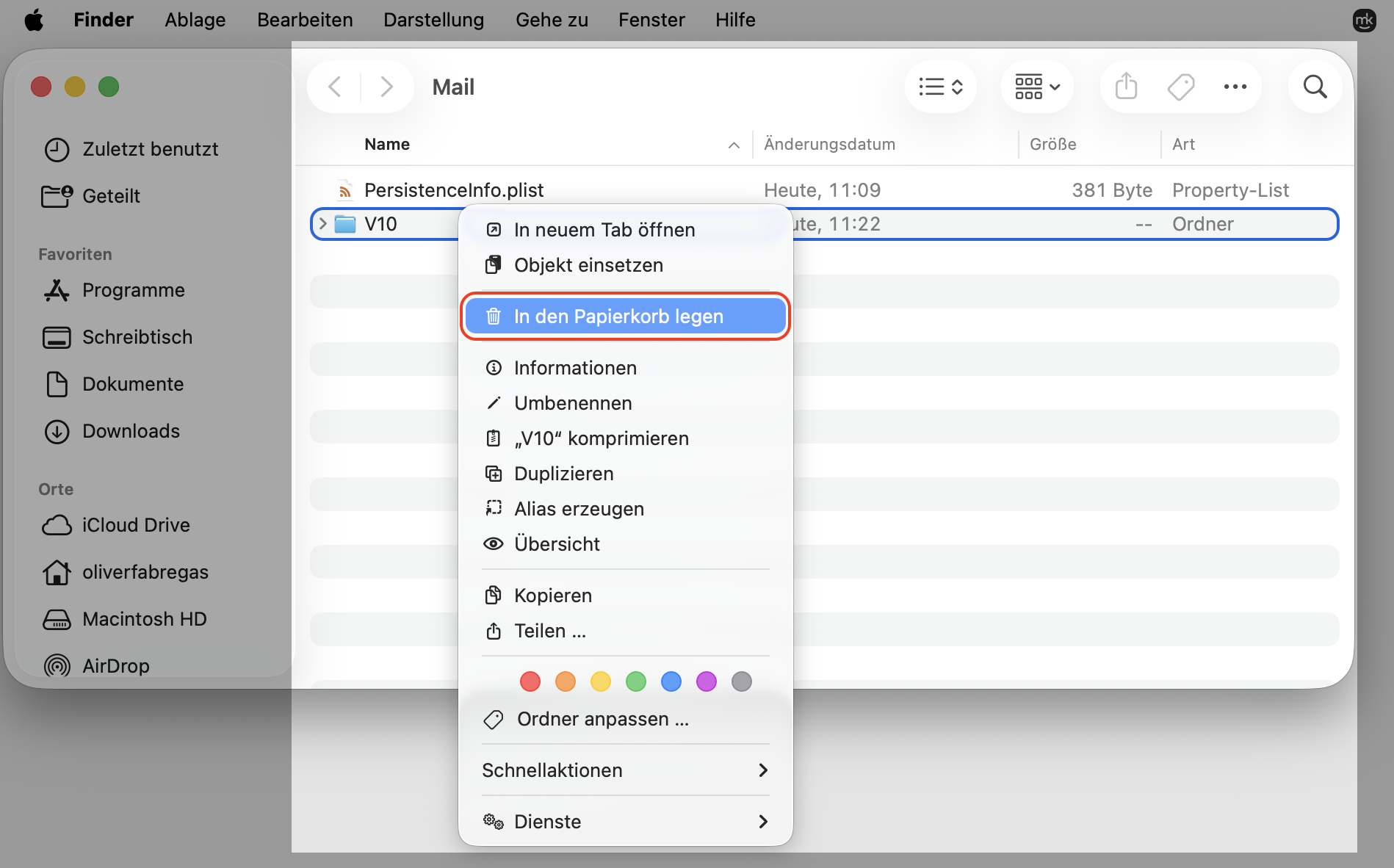 Teil eines Finder-Fensters auf dem Mac. Ein Ordner ist ausgewählt und das Rechtsklick-Menü ist geöffnet, mit In den Papierkorb verschieben hervorgehoben.