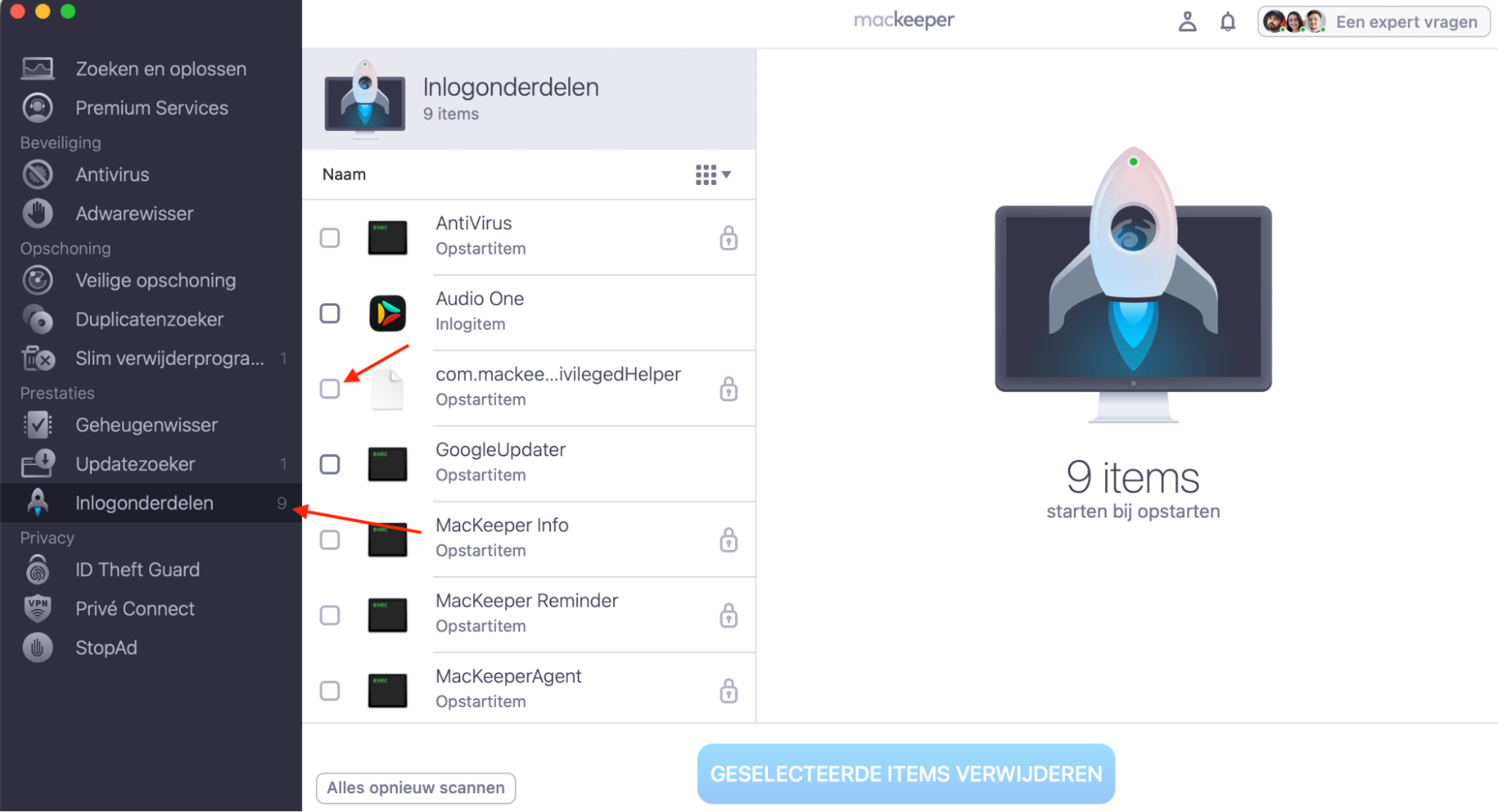 MacKeeper op de Mac toont de Inlogonderdelen-tool. Selecteer de apps die je niet automatisch bij het opstarten wilt uitvoeren en klik vervolgens op Geselecteerde onderdelen verwijderen.