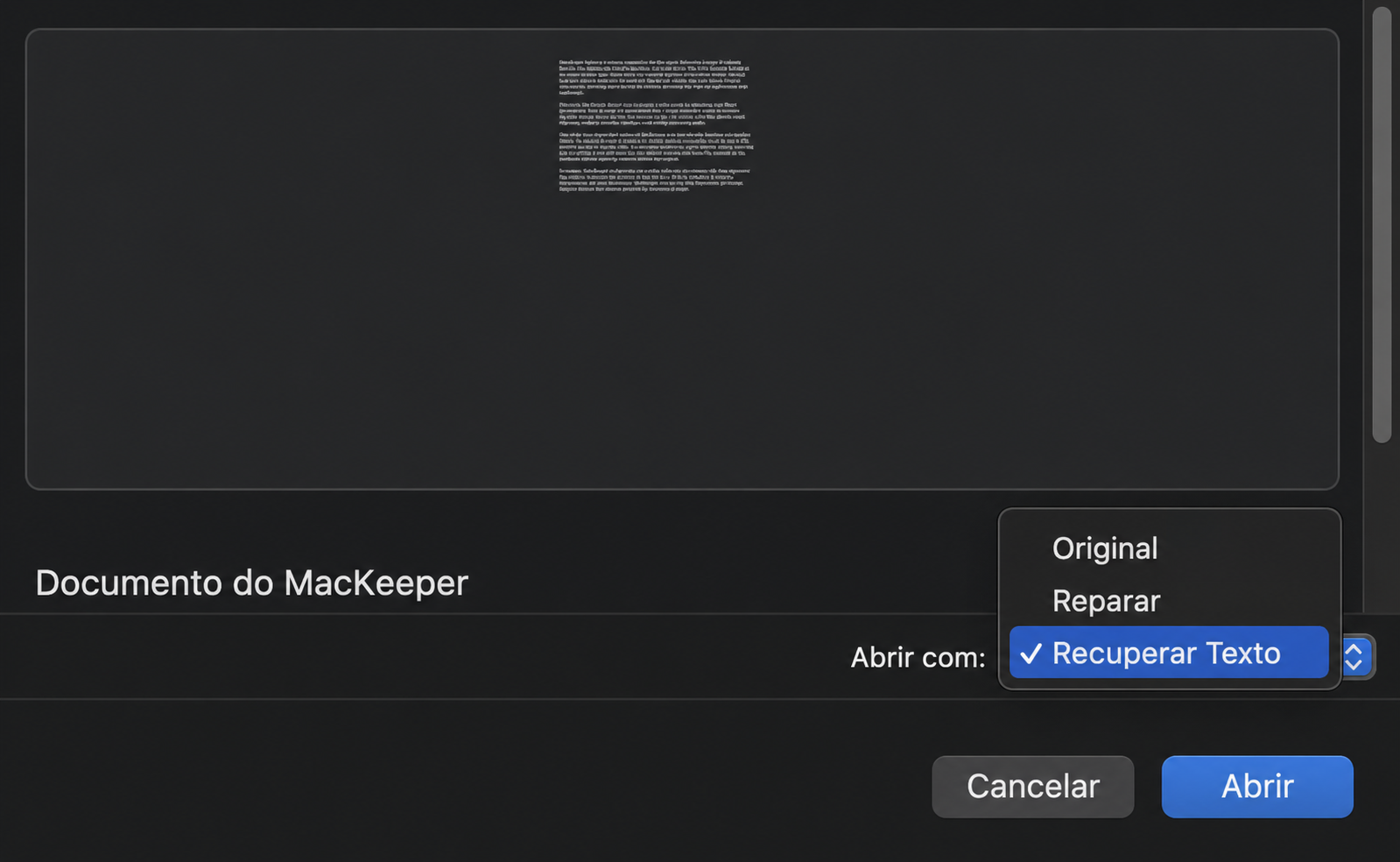 Em seguida, selecione Arquivo > Abrir na barra de menus do Word. Depois, no canto inferior direito da janela, use o menu suspenso 'Abrir' para selecionar 'Recuperar texto'.