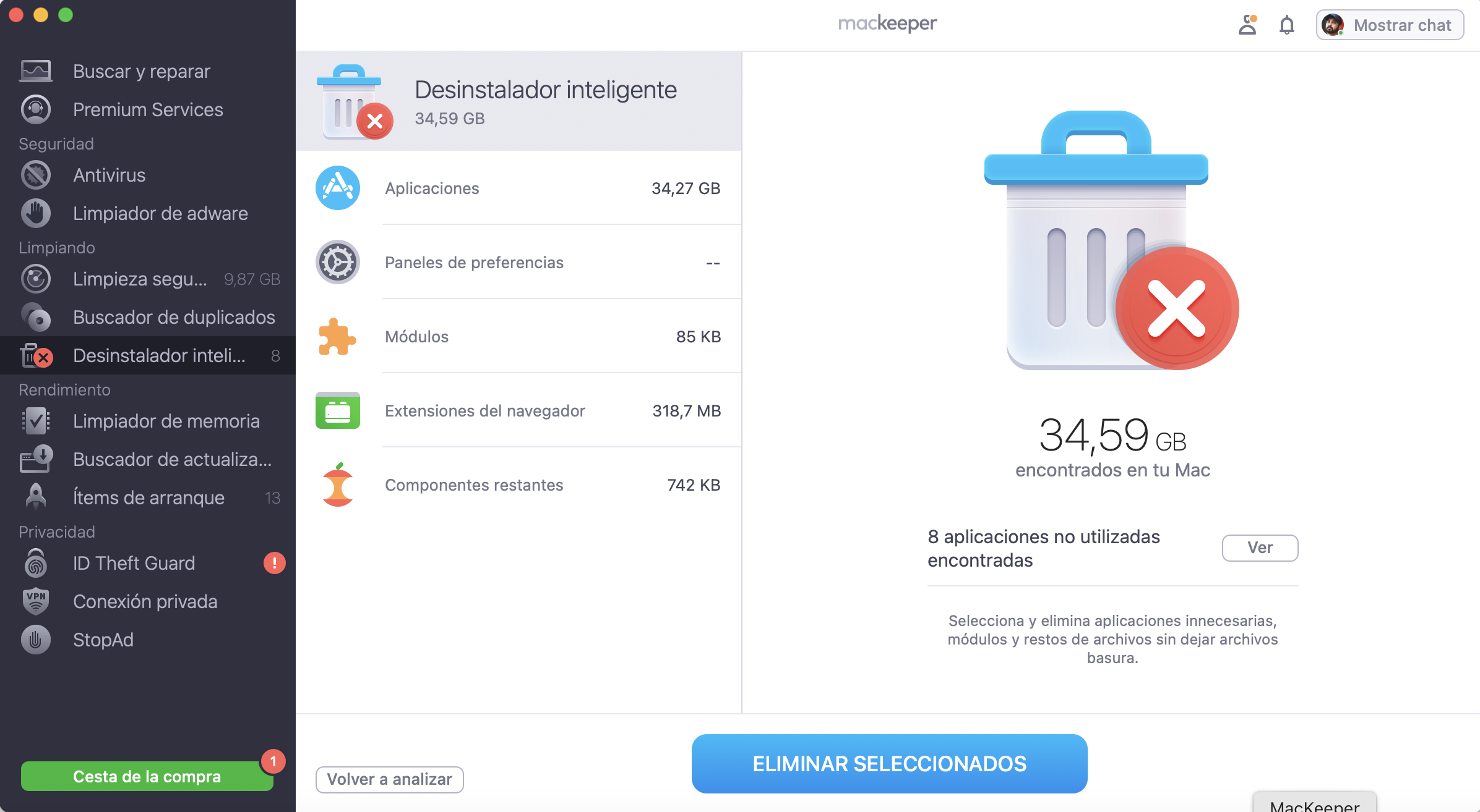Despúes del escaneo, la aplicación te mostrará la lista de elementos a eliminar. Selecciona lo que deseas eliminar y haz clic en Eliminar seleccionados. Si se te pide, haz clic en Eliminar para confirmar tu decisión.