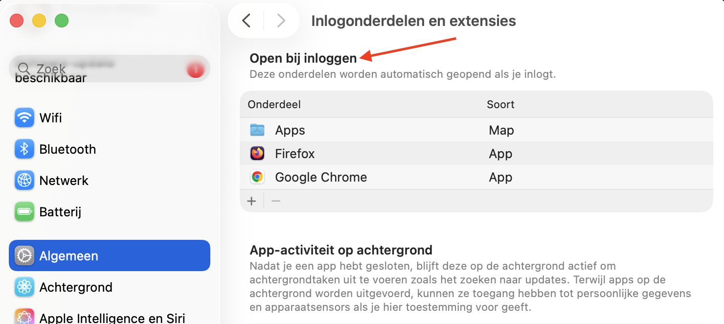 Inlogonderdelen  in Systeeminstellingen op de Mac. Naast het weergeven van een lijst met opstartapps kun je in dit scherm ook opstartapps op de Mac verwijderen.
