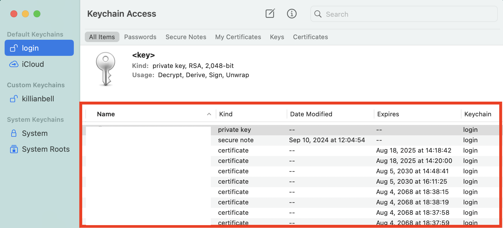 A list of saved usernames and passwords in Keychain on Mac. Check and update all email accounts when you find your Mac Keychain password not working for Mail