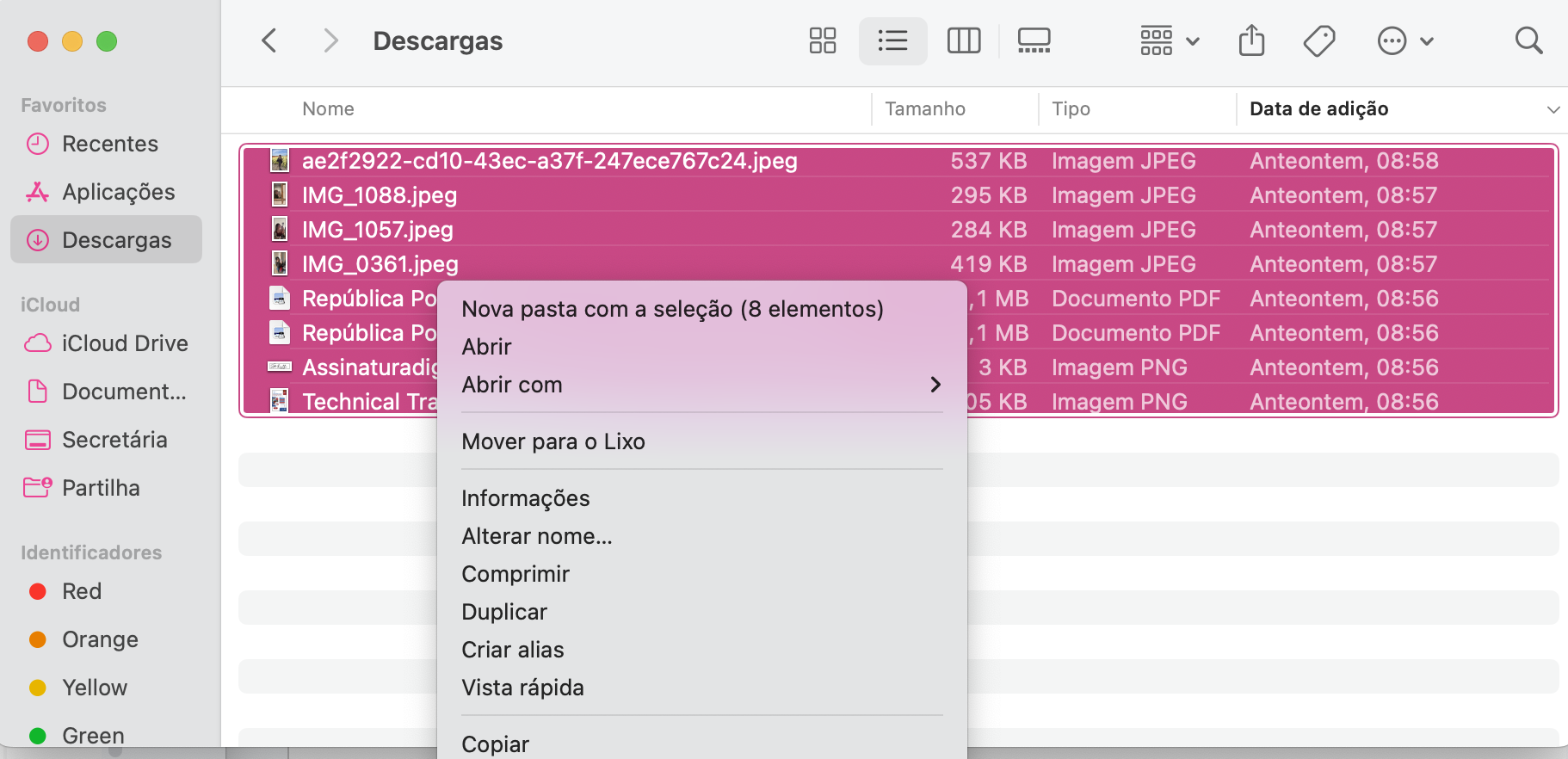 Selecione tudo o que está na pasta Transferências (ou Descargas) do seu Mac, depois envie para o Lixo e apague tudo.