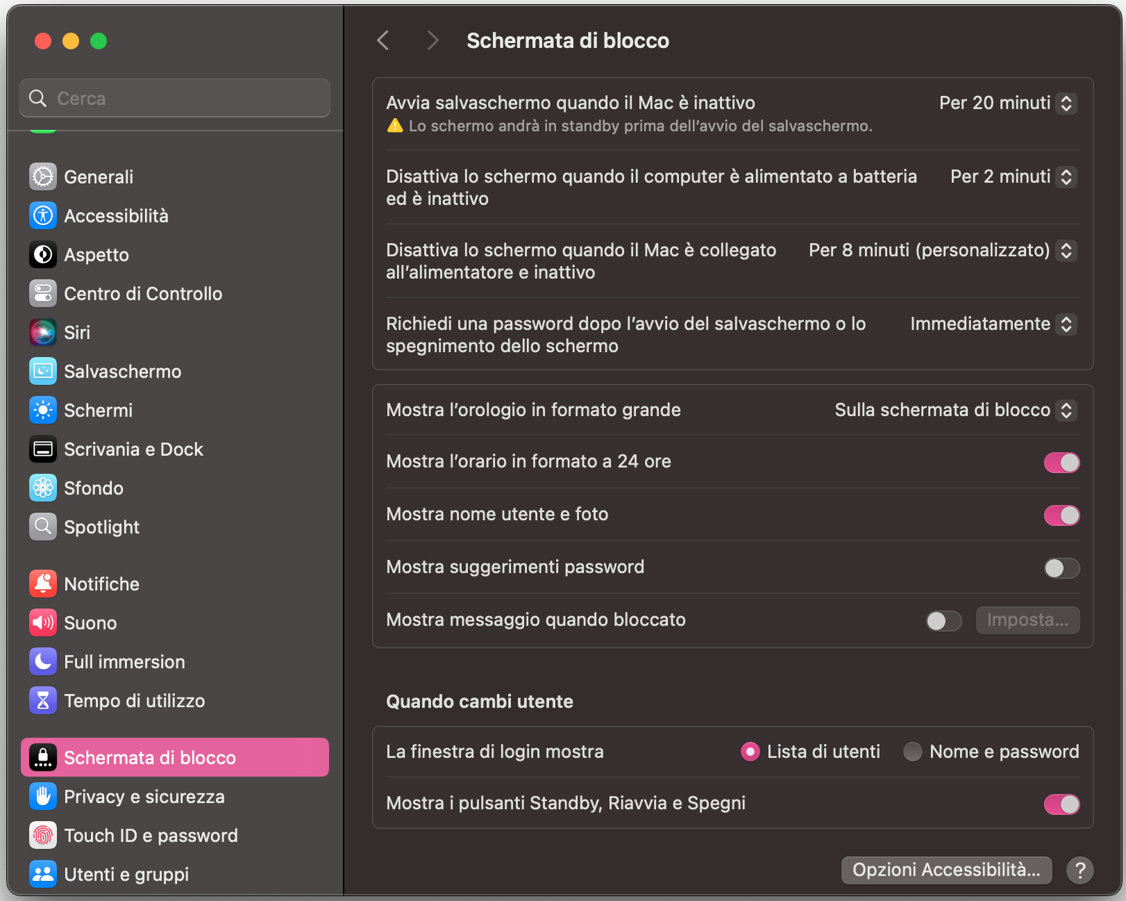 Per personalizzare le impostazioni di stop del Mac, seleziona Schermata di blocco nell’app Impostazioni di Sistema.