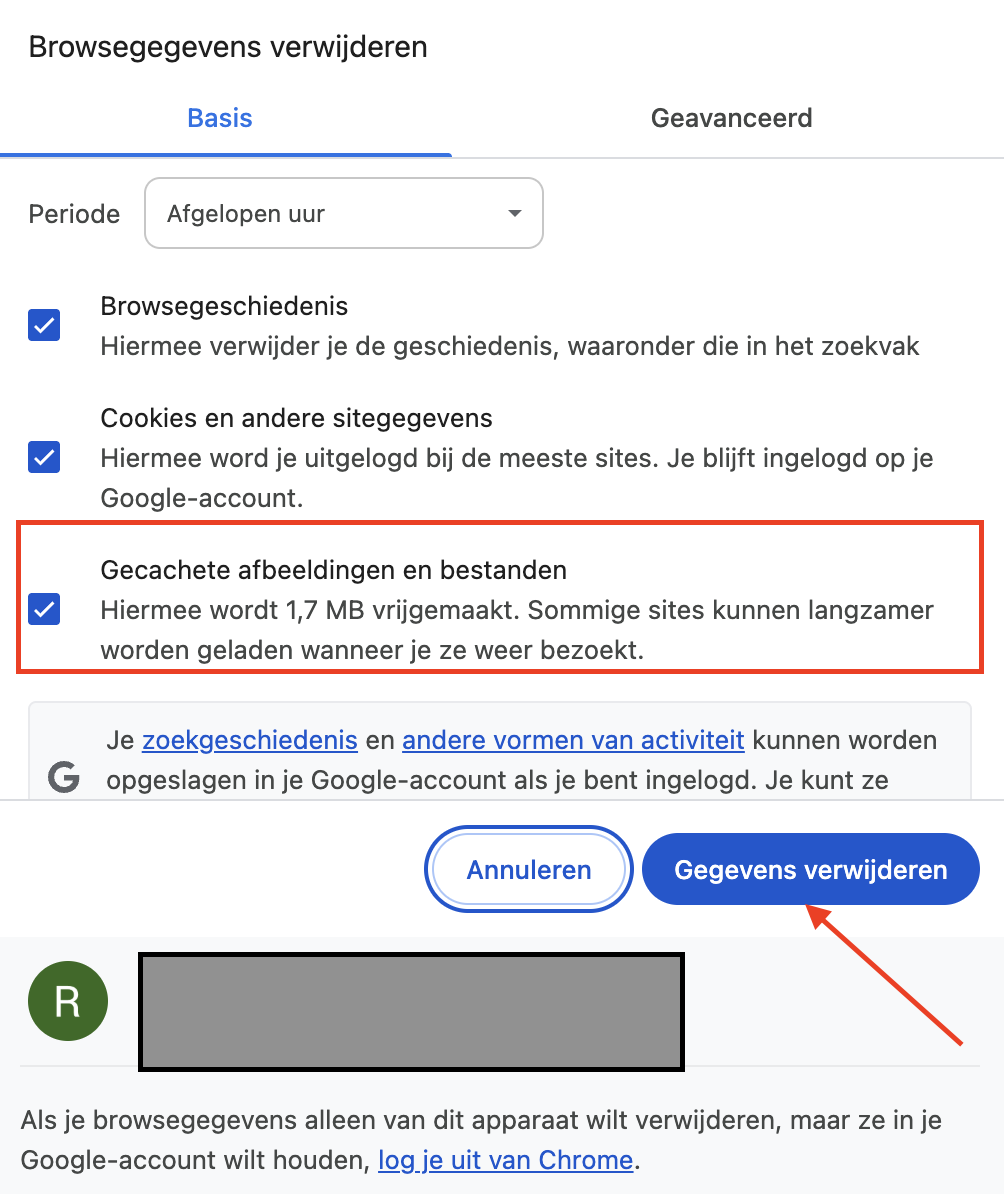 Google Chrome op de Mac toont het menu Browsegegevens wissen. Selecteer Gecachte afbeeldingen en bestanden en klik vervolgens op de knop Gegevens wissen.