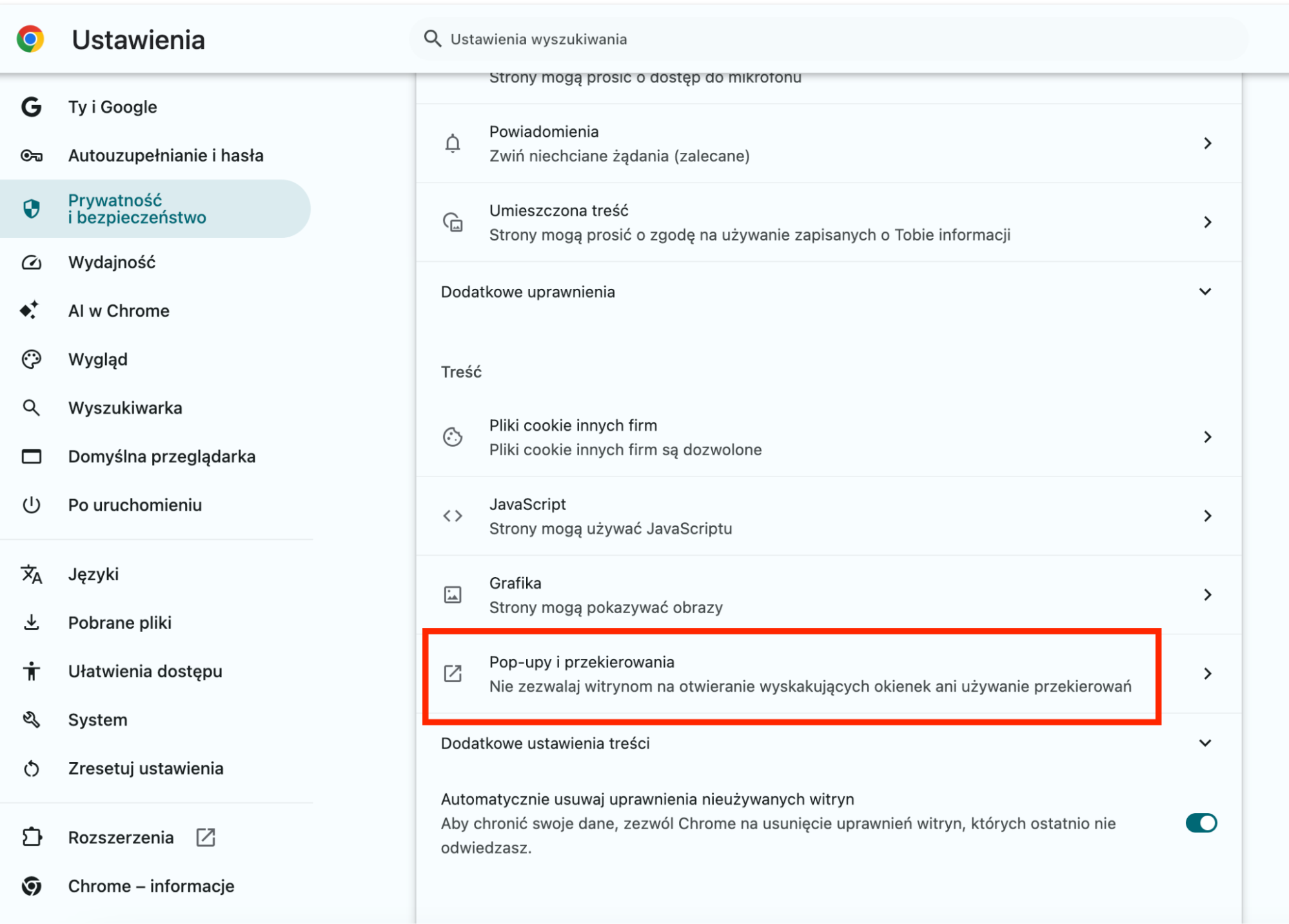 Teraz kliknij Wyskakujące okienka i przekierowania. Możesz zezwalać witrynom na wyświetlanie wyskakujących okienek lub je blokować. Może to zapobiec przeszkadzaniu przez złośliwe oprogramowanie.