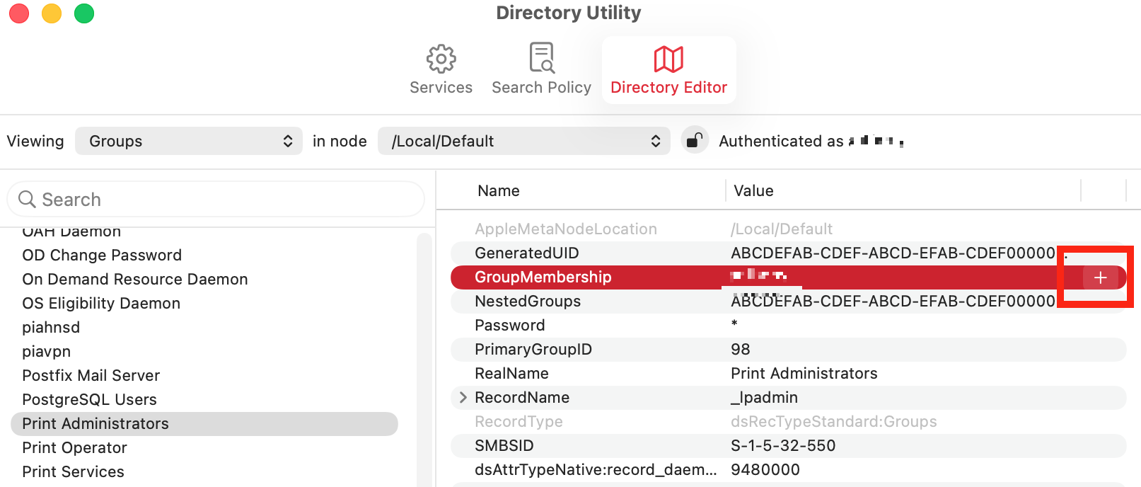 In Directory Editor > Groups, look through the list and find 'Print Administrators'. Find the 'GroupMembership' section, and click the plus button immediately to the right of it.