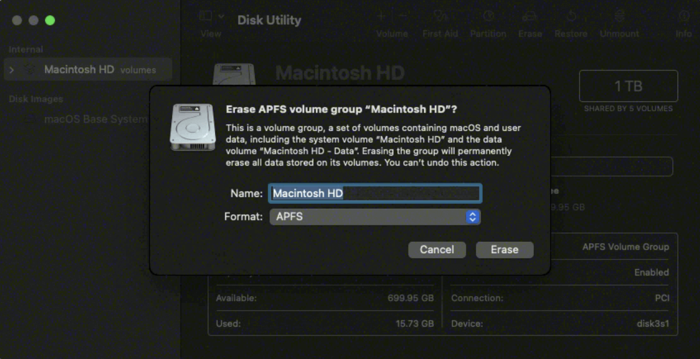 Next, select Macintosh HD. Select Erase and check the format is correct before you once again confirm your choice by pressing Erase again. Allow Disk Utility a few minutes to wipe your Disk for macOS Mojave to have a better chance at running like new.
