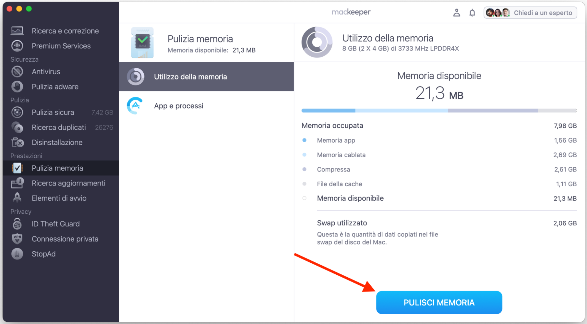 Da lì, clicca semplicemente su Pulisci memoria per liberare istantaneamente la RAM del tuo Mac.
