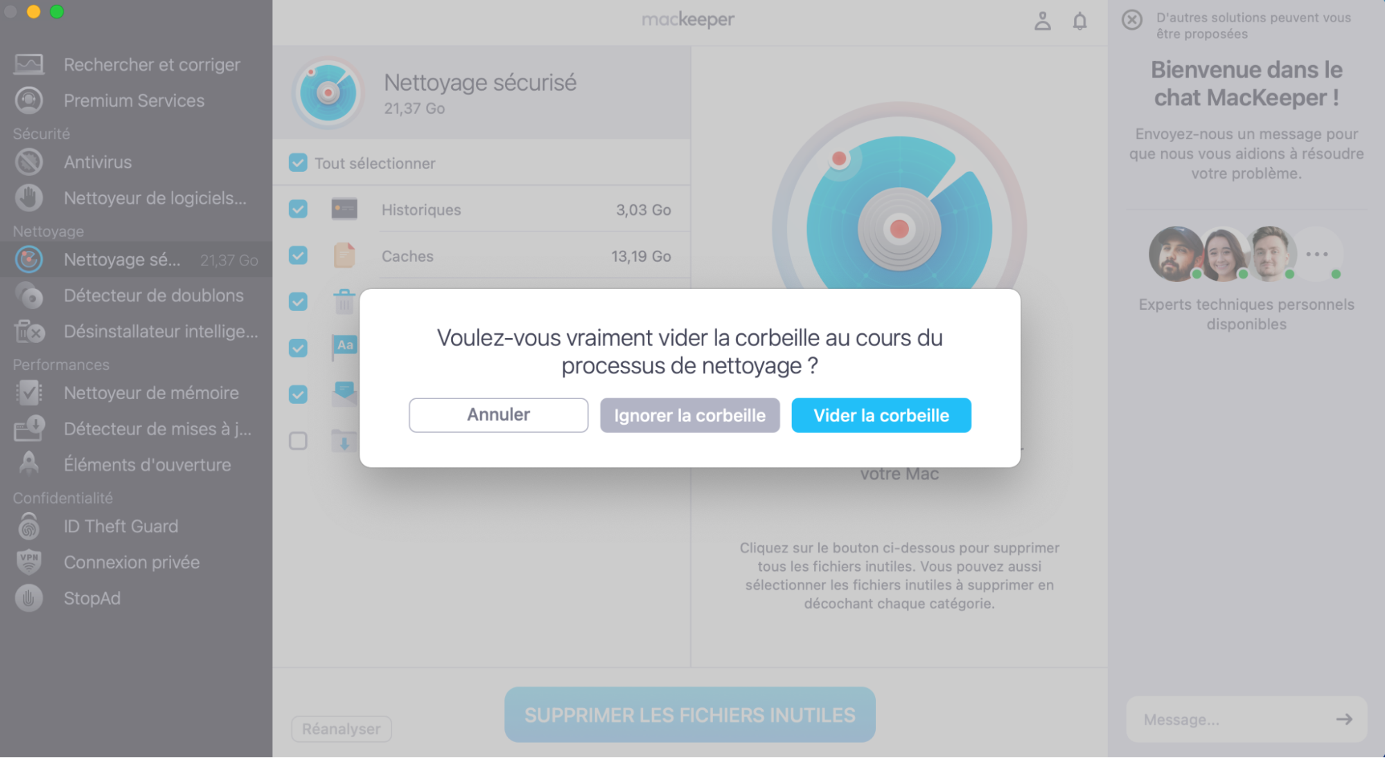 Cliquez sur Supprimer dans la fenêtre qui s’affiche pour vider la Corbeille et supprimer les fichiers d’installation pendant le nettoyage de votre ordinateur.