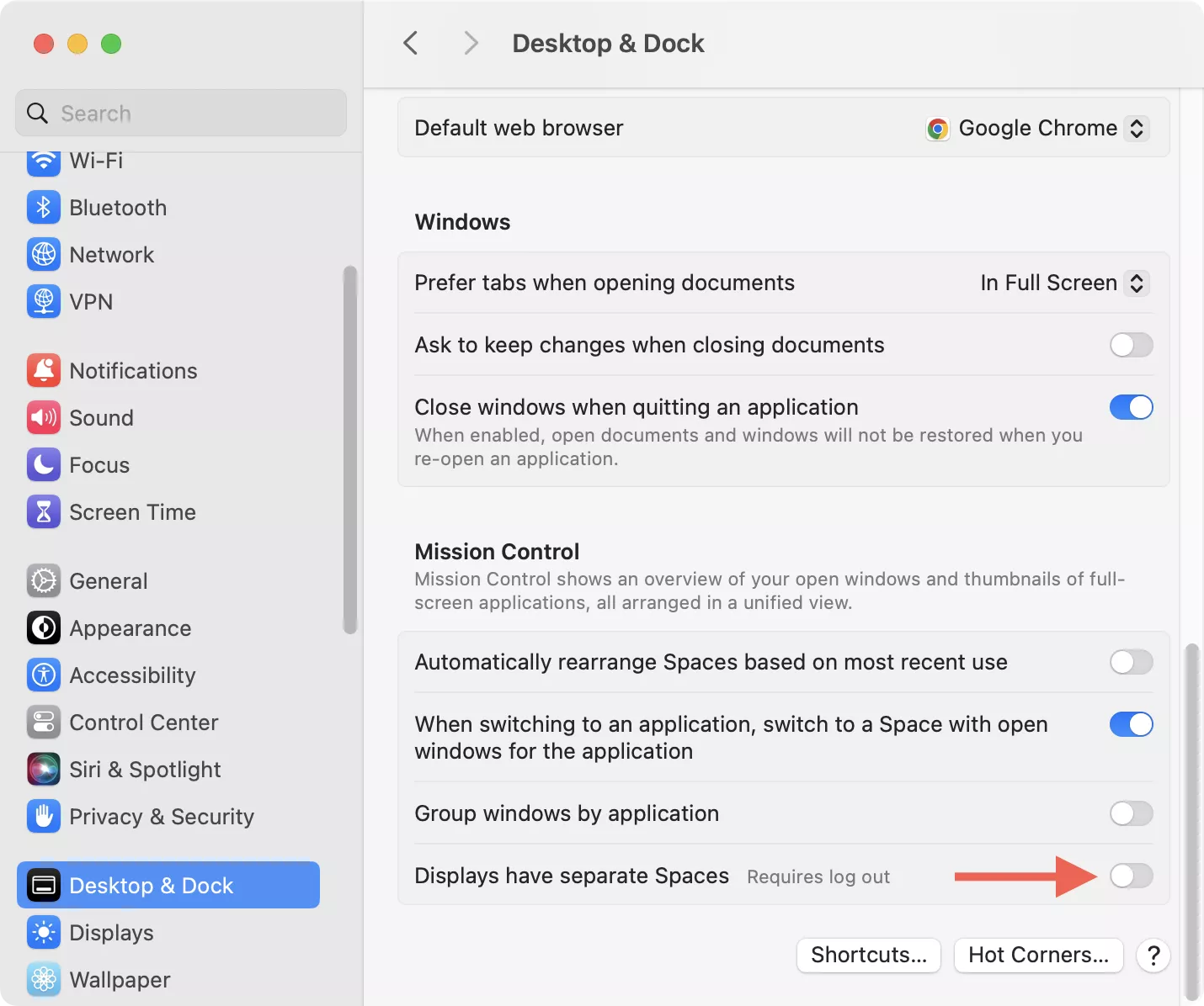 The System Settings window screenshot with the Desctop&Dock option highlighted. The picture demonstrates how to disable separate Spaces for displays on a Mac during WindowServer high memory usage troubleshooting.