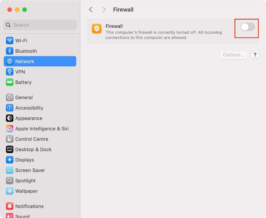 To fix firewall conflicts with macOS and solve the privacy preferences issue, turn off the toggle next to the Firewall option.