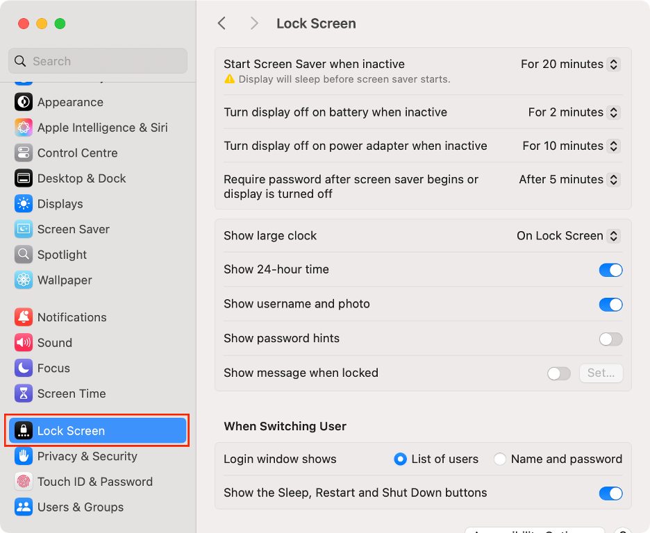 To customize your Mac’s sleep settings, select Lock Screen from the System Settings app.