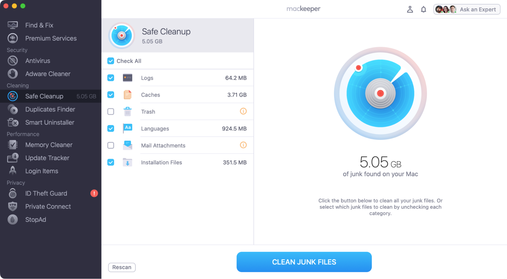 After a few moments, Safe Cleanup will finish scanning your Mac, and you'll see a list of files and other data that you can safely delete. Click the 'Clean Junk Files' button.